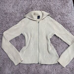 Nautica Jeans Y2K Women Beige Ribbed Knit Full Zip Sweater
